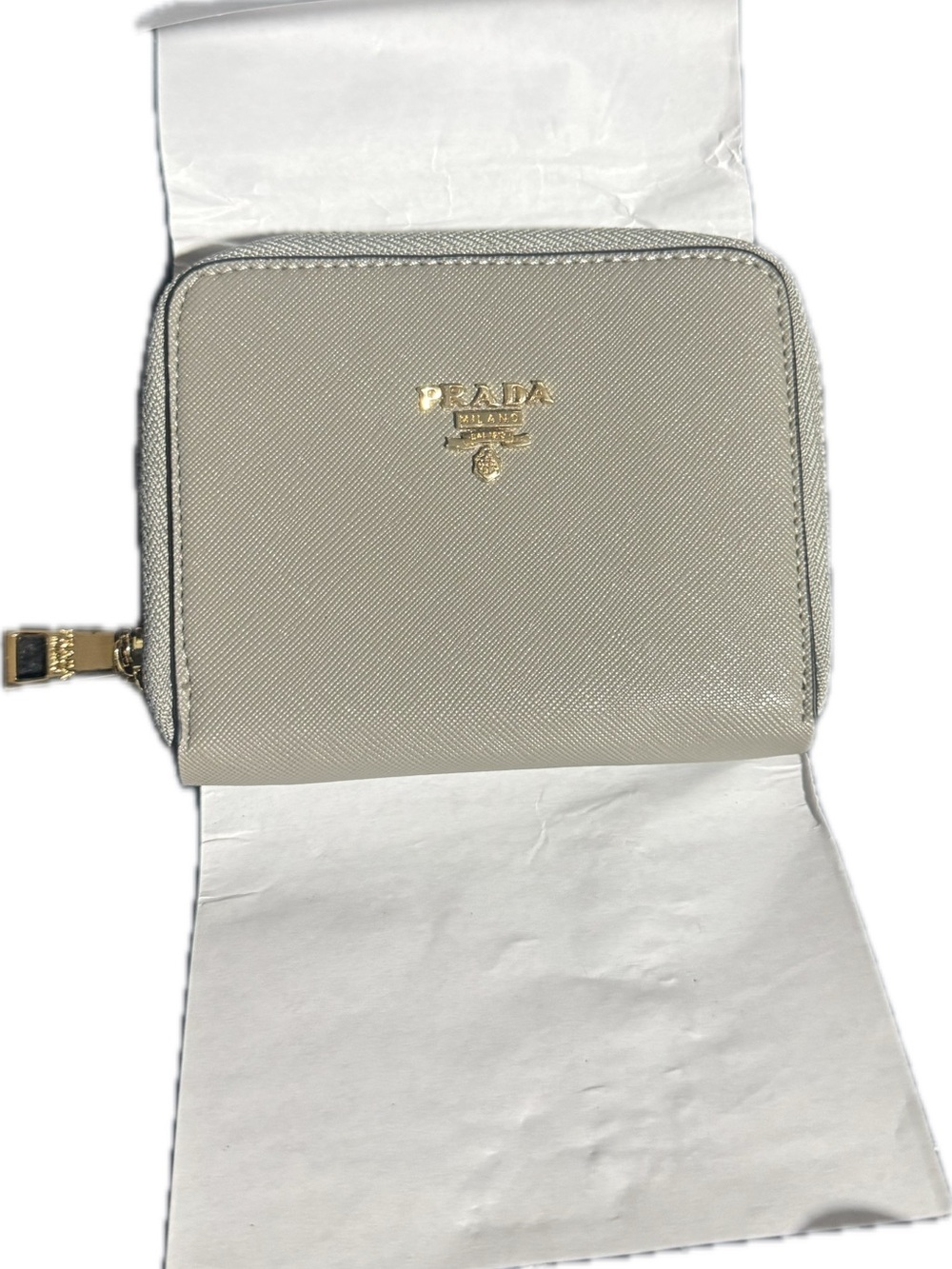 Prada Compact Saffiano Zip Wallet in Light Gray with Gold Logo